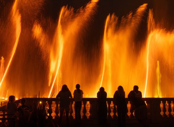 Guests in black silhouette stand at a rail watching orange fountains rising like flames.