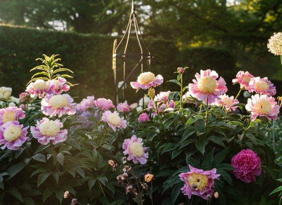 A garden full of peony flowers. 
