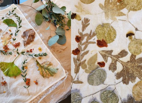 Fall leaves are arranged on a white cotton bandana in the process of using eco-printing to dye the fabric.