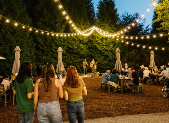 Guests stand or sit at outdoor tables, with strings of party lights leading to a small stage hosting live performers in the background.