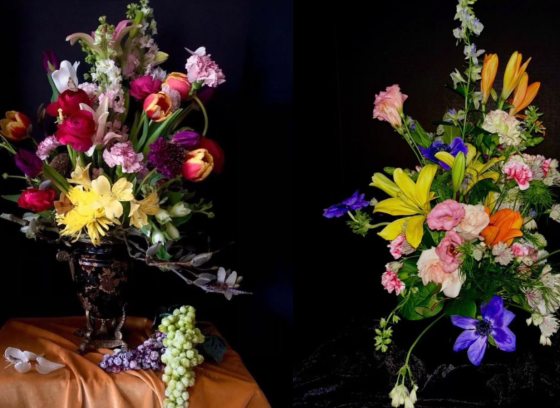 Two Dutch-style floral arrangements on a black background