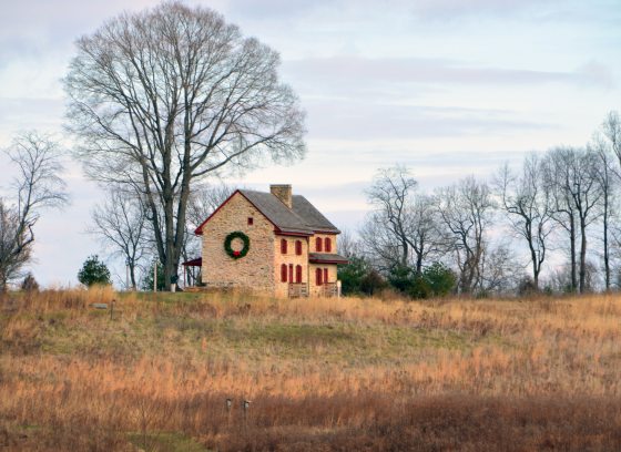 A vista of the Webb Farm House in the Meadow Garden.