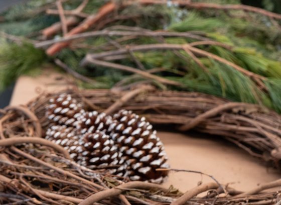 Wreath making materials, including evergreen branches, pinecones, and woven twigs.