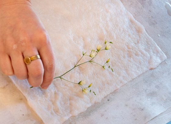 A persons hand placing a delicate flower on top of a white linen type paper.