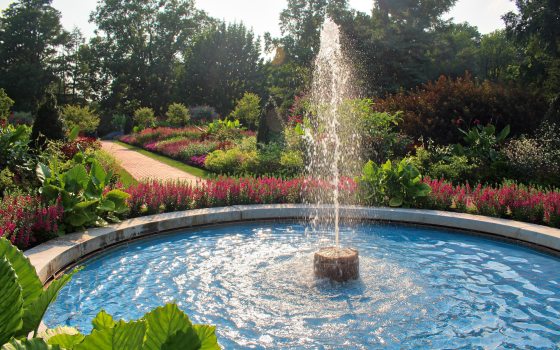 Sun shines on a circular fountain with a brick pathway in the background leading through green garden beds
