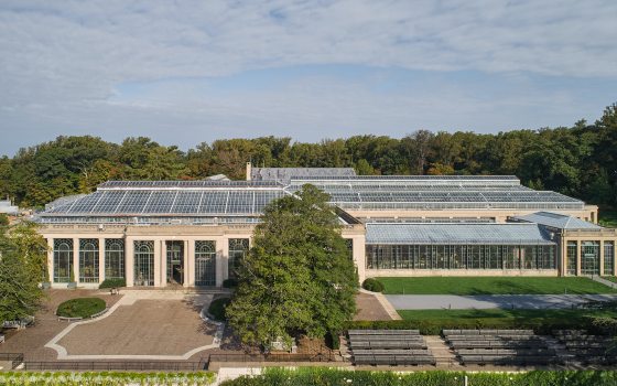 Aerial view of large conservatory complex with a glass ceiling