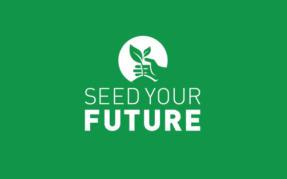 seed your future logo with white letters on a green background