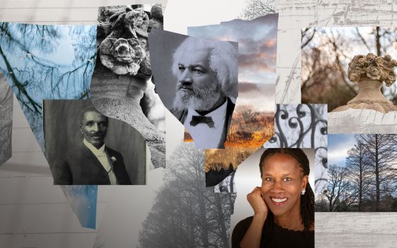 collage showing images of branches reflected in water, stone floral sculpture, tree silhouettes against sky, landscape at dusk, and 3 portraits