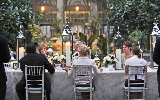guests in semi-formal attire seated at a long candlelit dining table in an indoor garden setting