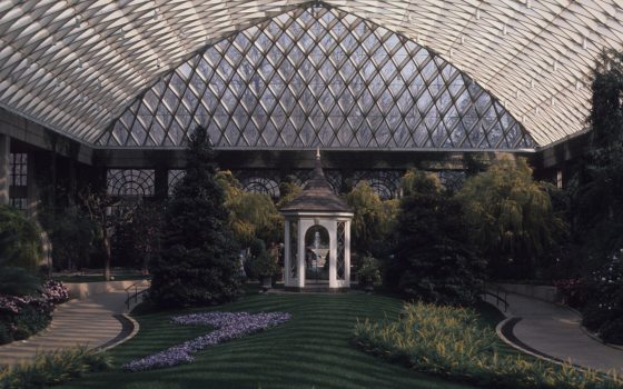 historical photo of a greenhouse with a fountain in the middle 