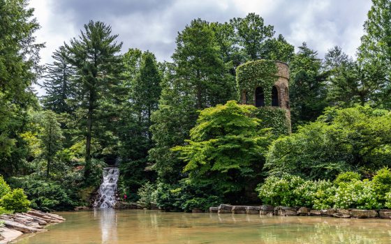 vine-covered stone tower amid green bushes and trees with a waterfall to its right and a pond in front