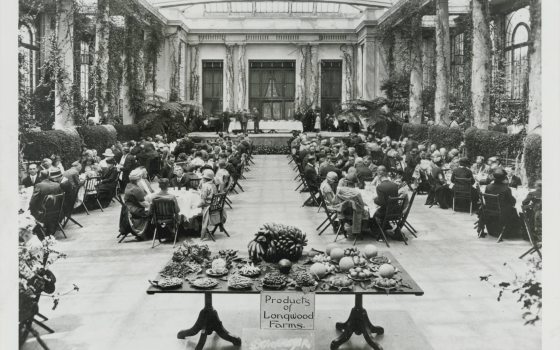 Black and white historical image of guests seated at long dining tables in a lush indoor garden setting, with a table in front filled with produce, with a sign that reads "Products of Longwood Farms"