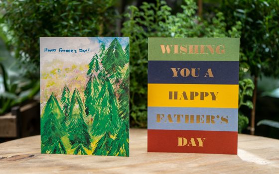 two father's day greeting cards standing in front of greens