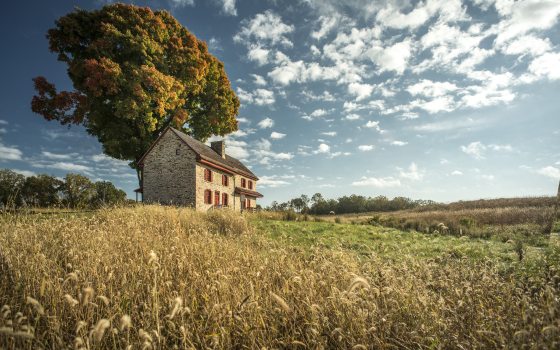 An historic farmhouse sits in a grassy meadow in autumn