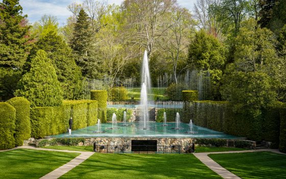 A stage of fountains shoot into the air with a green grass seating area in the foreground