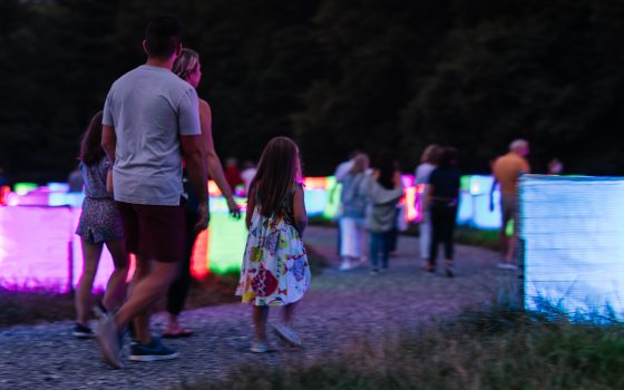 Families with young children walk a curving path among brightly lit cubes of light
