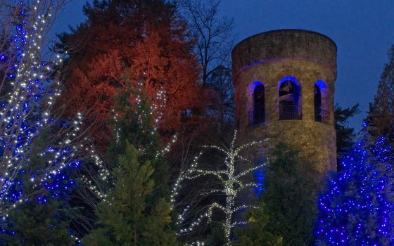 a stone tower with arched openings outlined in blue lighting against a darkening sky, with holiday-lit trees in the foreground