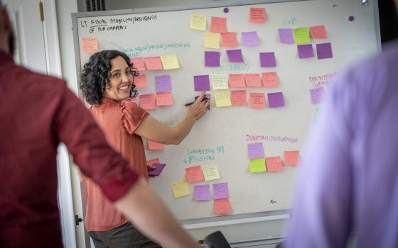 a woman in a light red shirt with curly brown hair takes notes on a white board. 