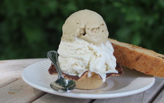 An ice cream sundae on a white plate. 