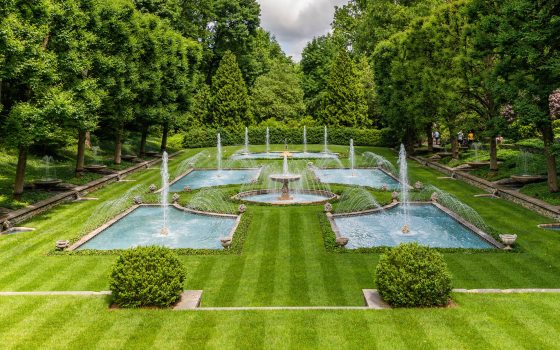 fountains rise from rectangular blue pools, surrounded by green lawn and a backdrop of trees