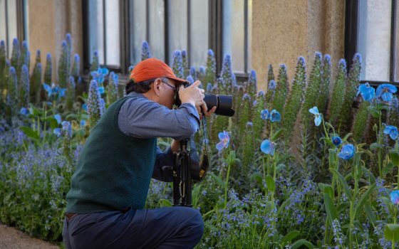 A person in an orange hat kneeling on the ground taking a photograph.