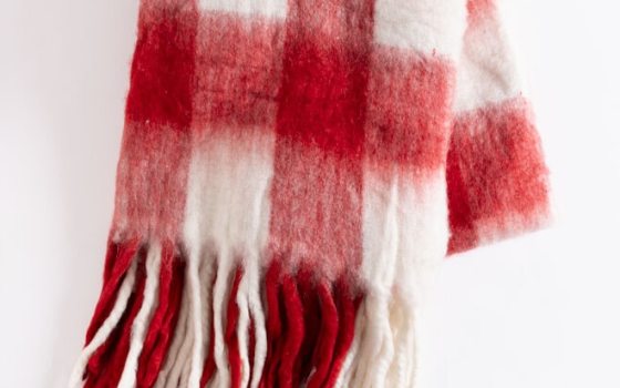 A red and white plaid fuzzy blanket.