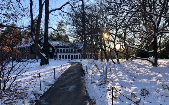 A freshly fallen snow with a paved path leading toward a large house in the distance.