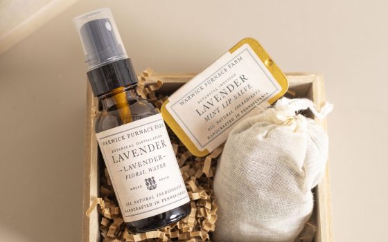 A box set of lavendar beauty products.