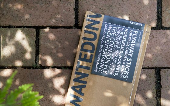 A brown package of Flyaway Sticks laying on a brick walk.