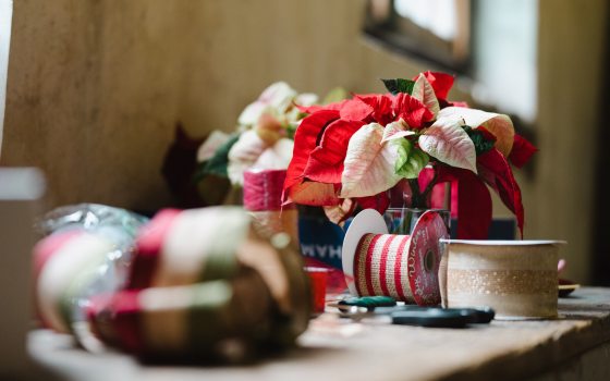 A table with a multi-colored poinsettia and craft supplies on top.