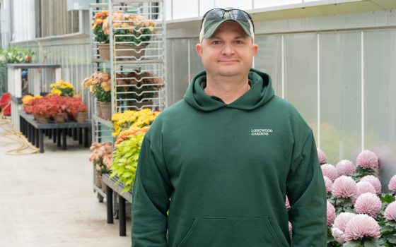 A man in a green sweatshirt smiles near flowers in a greenhouse.