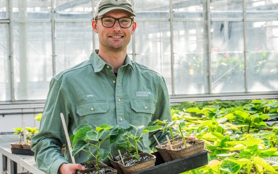 A white man with a green baseball cap, black glasses, and a green work shirt holds a tray of seedlings in a greenhouse setting. 