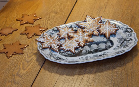 Decorated holiday cookies in the shape of snowflakes on a patterned plate.