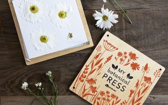 A flower press kit, with white flowers around the box containing the materials.