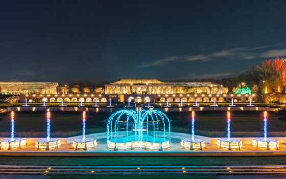 The Main Fountain Garden at Longwood Gardens, with lights simulating fountain displays, at Christmas time.