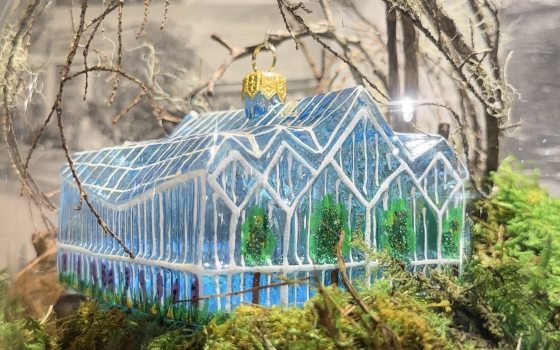 An oranament of a glass conservatory resting on a bed of moss.