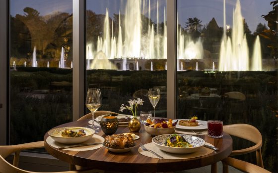 view of the fountains from a table in 1906 filled with food and drinks