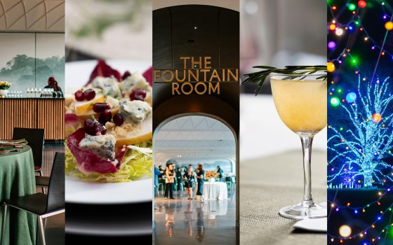 Collage includes central image of words "The Fountain Room" over an arched doorway with a glimpse of people dining, flanked by closeup shots of table settings, food, drink, and outdoor Christmas lights.