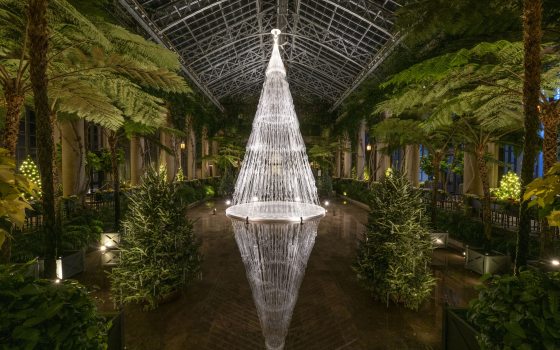 White strings with geometric shapes in them, put together to look like a white lit Christmas tree at Longwood Gardens.
