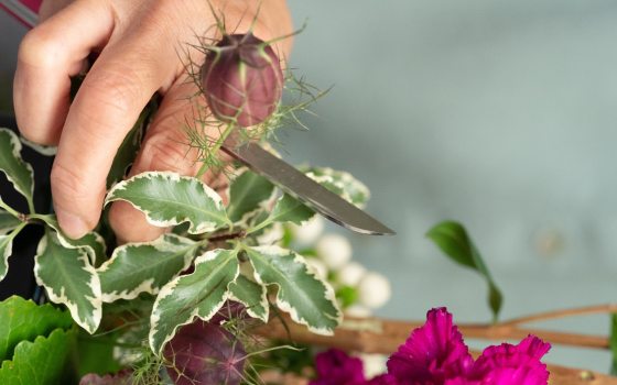 A person cutting a floral display. 