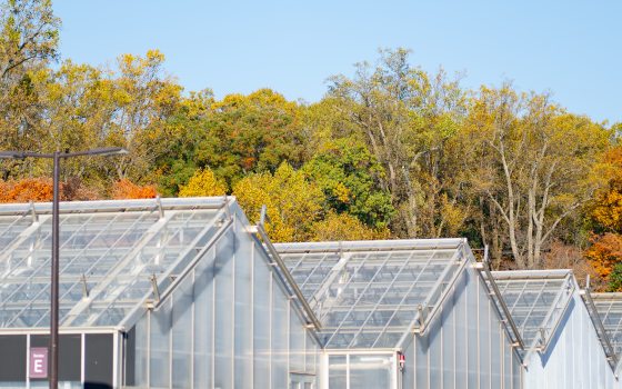 The peaks of seven connected glass greenhouses are featured amongst a background of trees with changing fall foliage. 