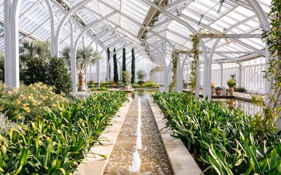 The indoor of a conservatory with a fontain running through the center and plants in beds on either side.