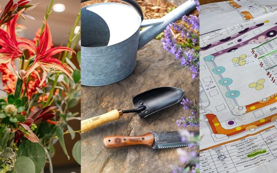 Three images collaged together of a floral display, gardening tools, and landscape design planting plan.