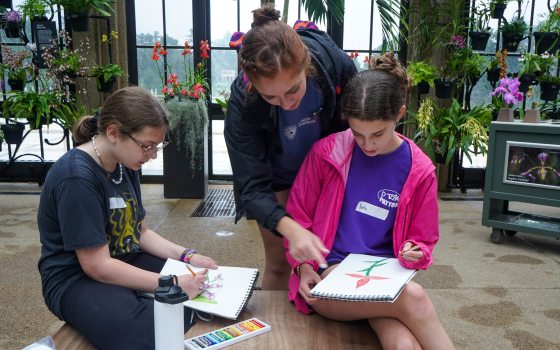 Instructor and two youth workshop students illustrating orchids 