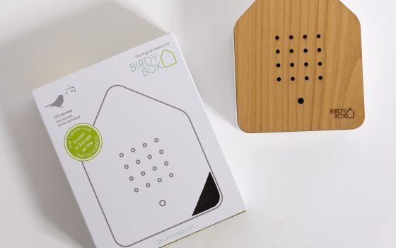 A white box containing a house shaped wood cut out.