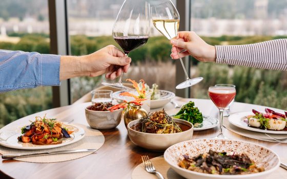 A table is set with a variety of beautifully presented food dishes, with one hand reaching across from each side of the table, clinking glasses of red and white wine.