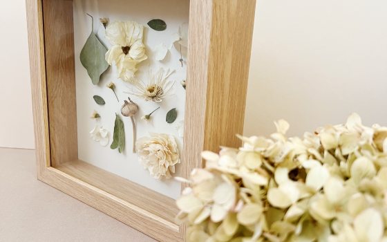 Shadow box frame with pressed and dried flowers and dried hydrangea stem in foreground