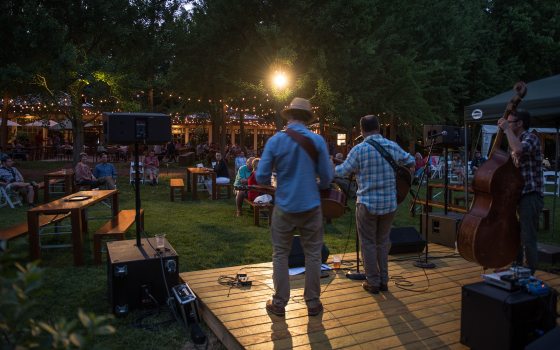 two men with their backs to the camera playing guitars on a wooden stage in an outdoor venue