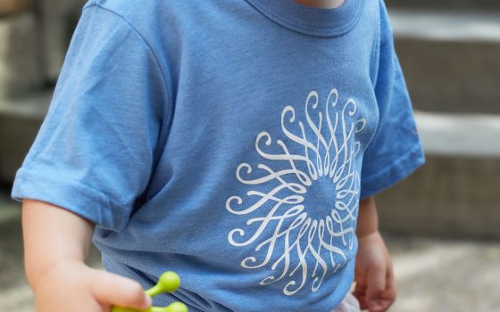 A young child wearing a light blue t-shirt with the Longwood Gardens rosette in white on the front.