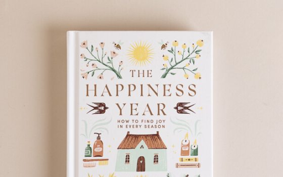 A book titled The Happiness Year featuring illustrations on the cover. 